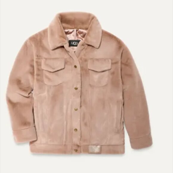 UGG Women's Frankie Faux Fur Trucker Coat Tan Grey XL